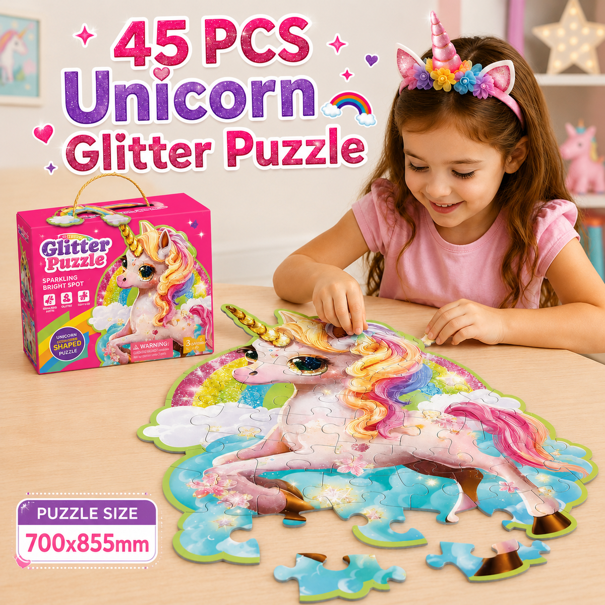 45 Pcs Unicorn Glitter Puzzle For Kids (889)