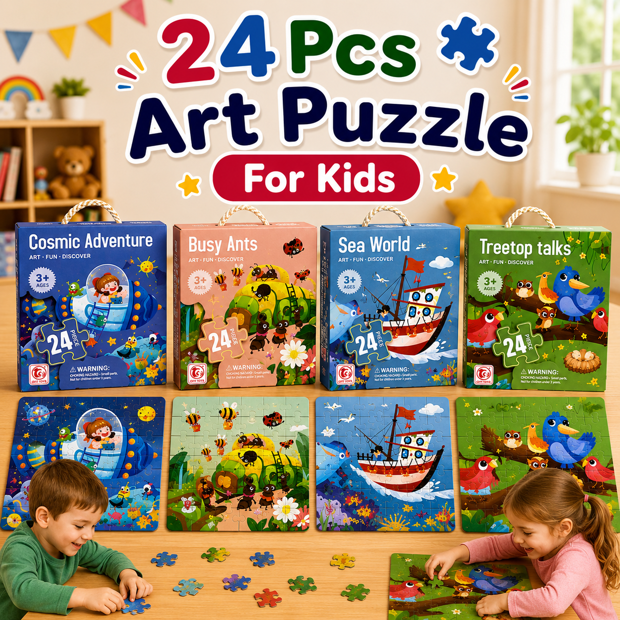 24 Pcs Art Puzzle for Kids educational jigsaw puzzle featuring Cosmic Adventure, Busy Ants, Sea World, and Treetop Talks for children age 3+