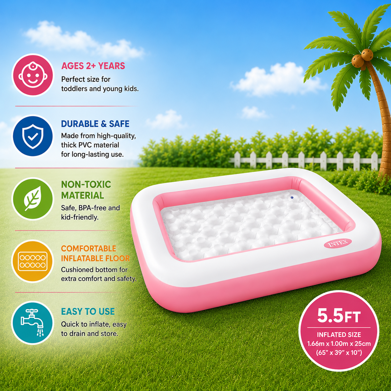 Intex 5.5ft Rectangular Inflatable Swimming Pool for Kids (58423)