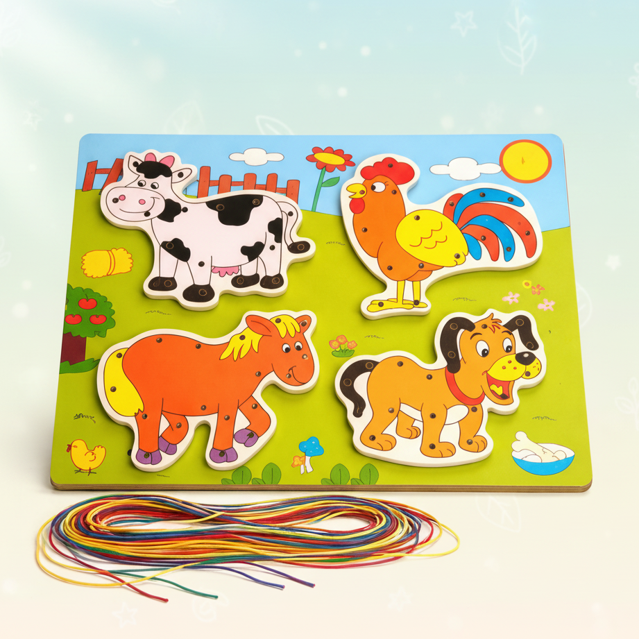 Wooden Animal Lacing Puzzle – Threading & Matching Toy for Kids (Random Animals) | 2025-34