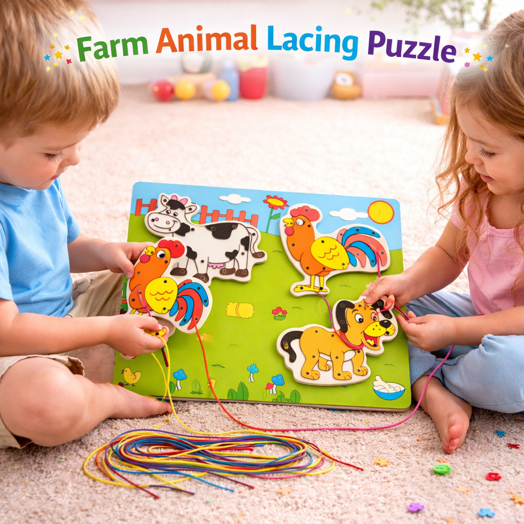 Wooden Animal Lacing Puzzle – Threading & Matching Toy for Kids (Random Animals) | 2025-34