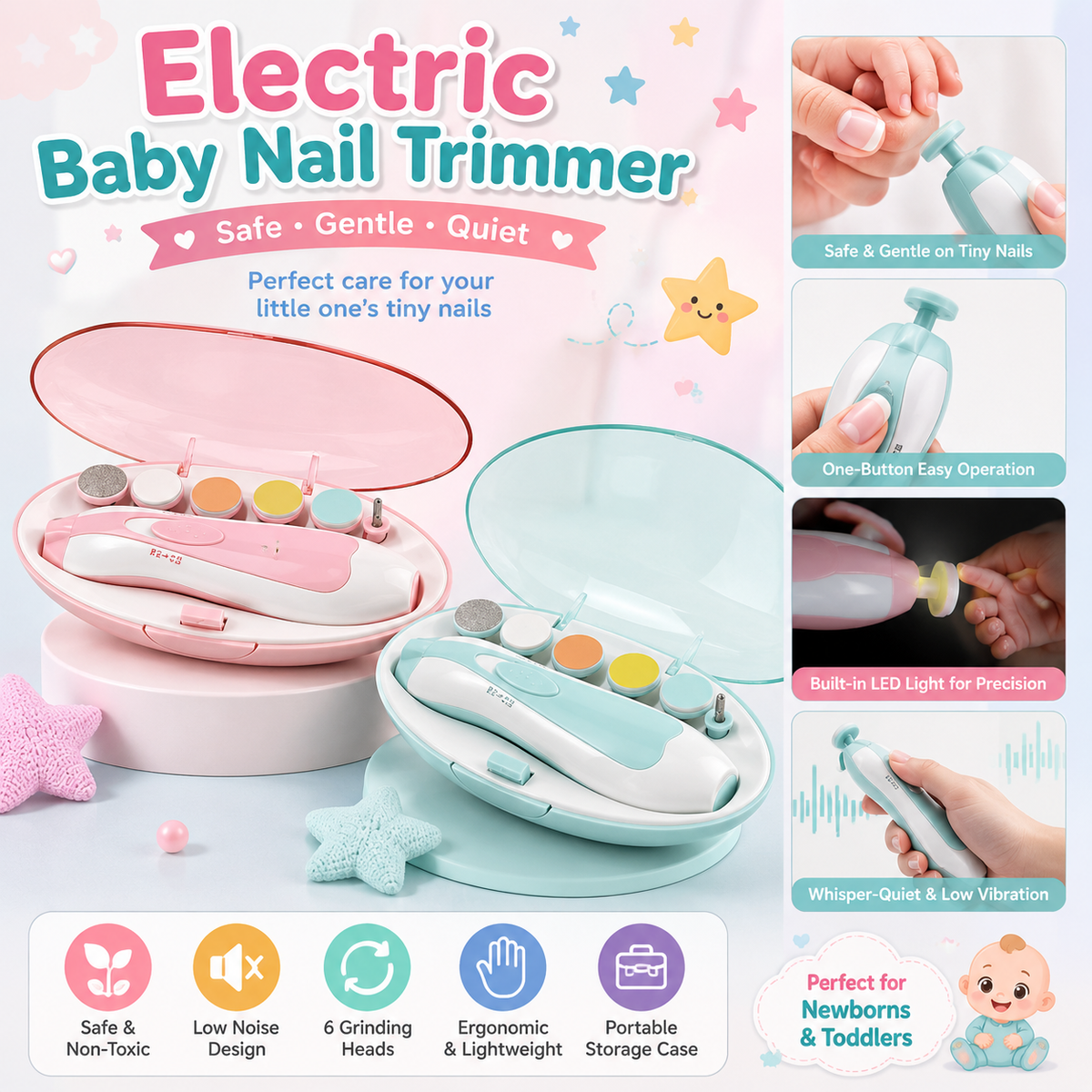 6 in 1 Electric Baby Nail Trimmer Kit (Random Color | A1124)