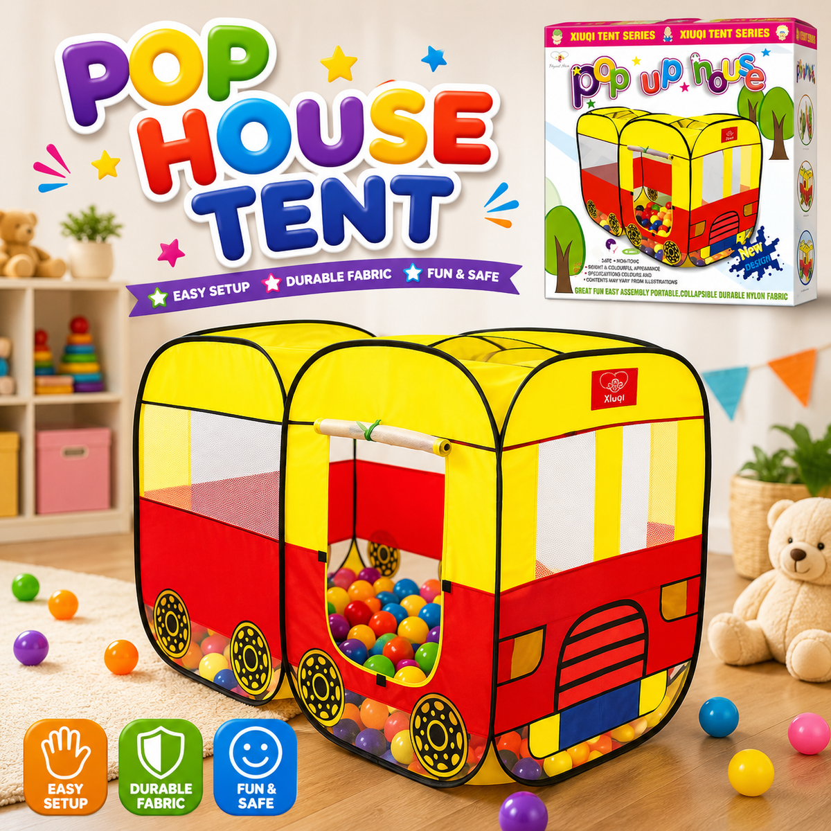 Pop Up House Tent | Bus Style Kids Play Tent Indoor & Outdoor (BW-3303)