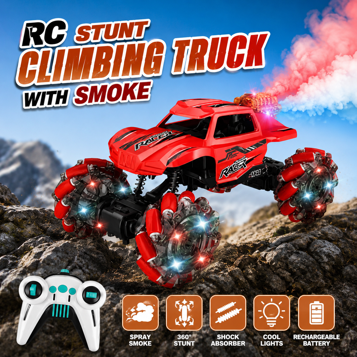 2.4GHz RC Stunt Climbing Truck with Smoke & LED Lights (Random Color | 3688-P116A)