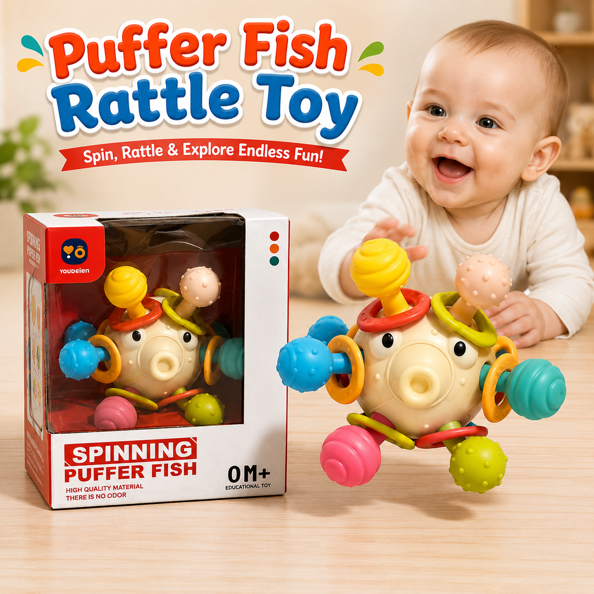Spinning Puffer Fish Baby Rattle Teether Sensory Toy for Infants (RT603-7)