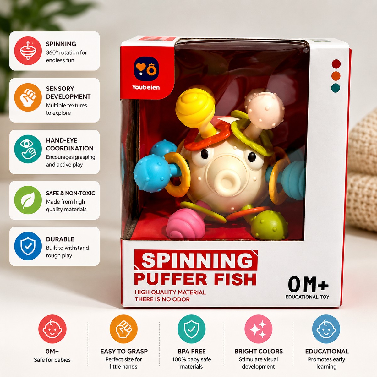 Spinning Puffer Fish Baby Rattle Teether Sensory Toy for Infants (RT603-7)