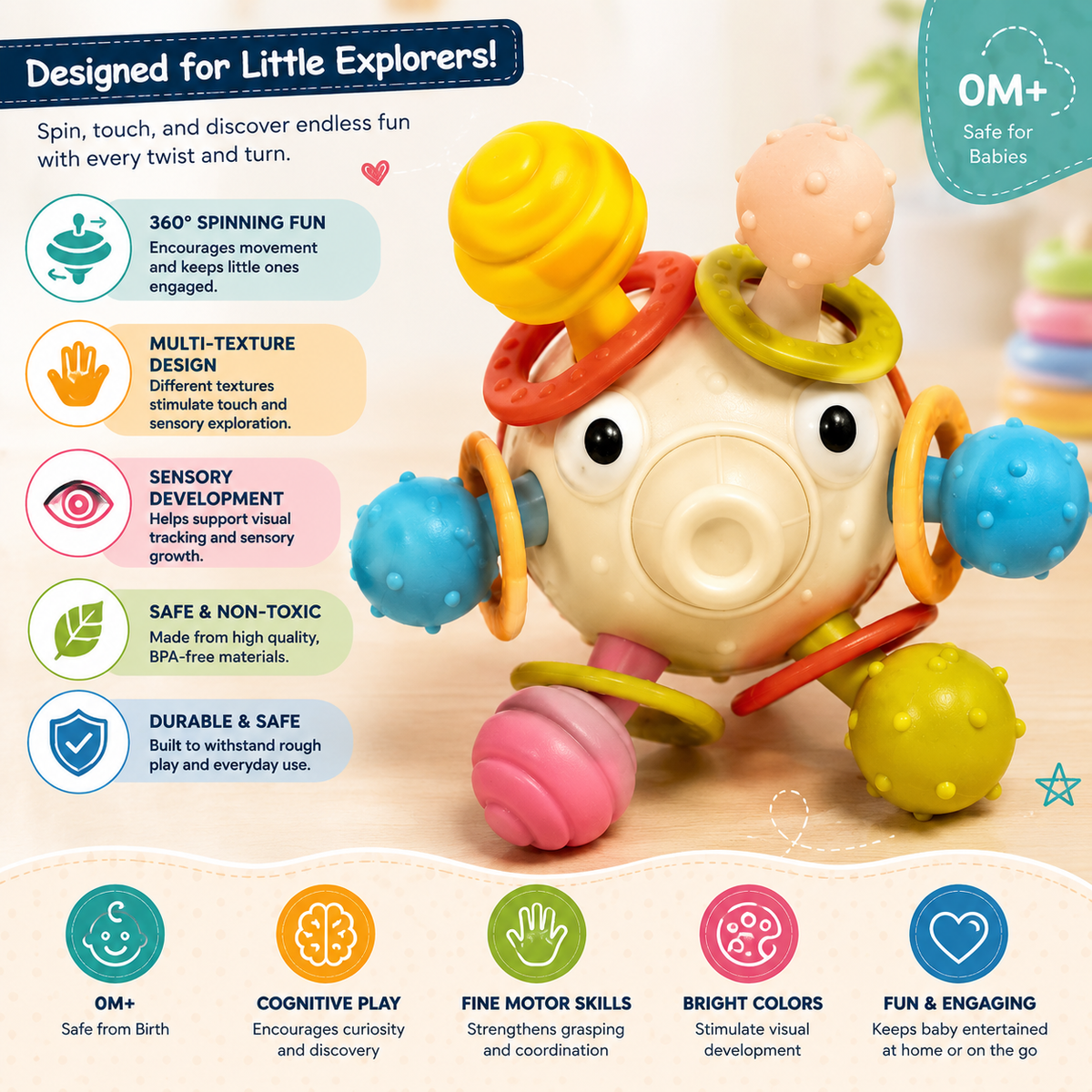 Spinning Puffer Fish Baby Rattle Teether Sensory Toy for Infants (RT603-7)