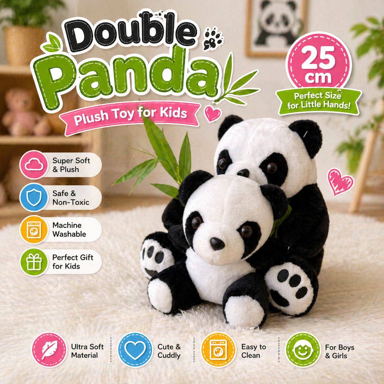 Double Panda Plush Washable Toy for Kids | 25cm