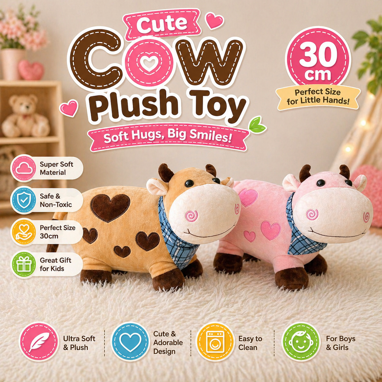 Cute Soft Cow Plush Toy for Kids | 25cm (Random Color)