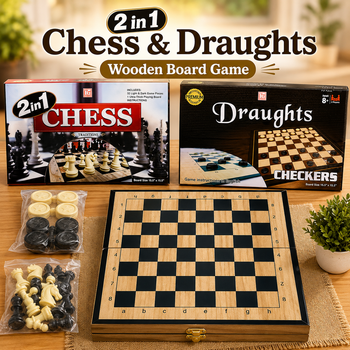 2 in 1 Chess & Draughts Wooden Board Game Set for Kids & Family (1258)