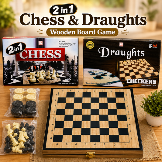 2 in 1 Wooden Chess and Draughts Board Game Set with Chess Pieces and Checkers for Kids and Family