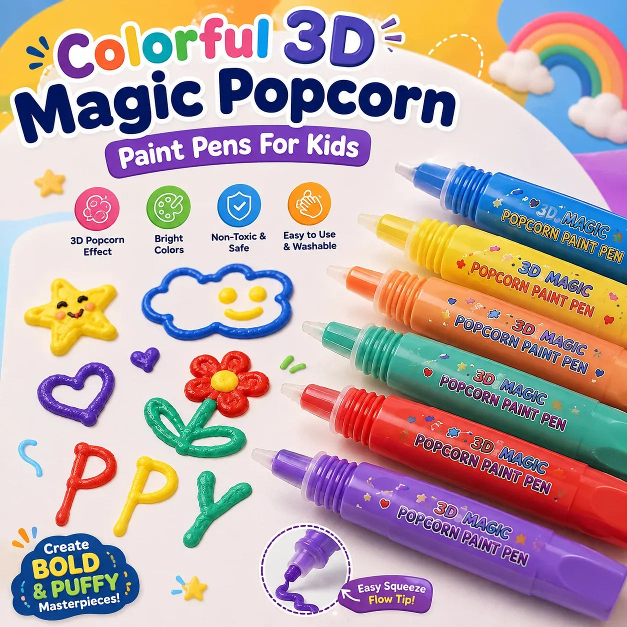Colorful 3D Magic Popcorn Paint Pens For Kids - Toynix