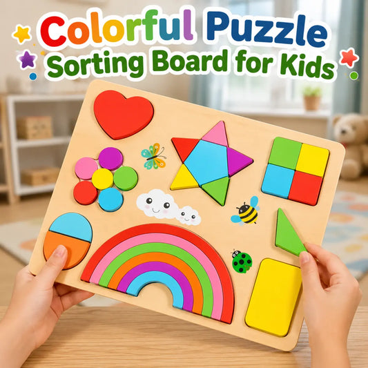 Colorful Wooden Puzzle Sorting Board with Shape and Color Matching Pieces for Kids