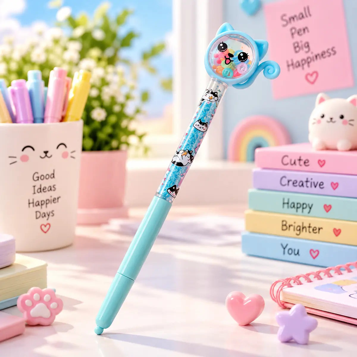 Cute cat glitter ballpoint pen for kids in colorful pastel designs