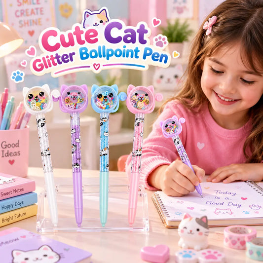 Cute cat glitter ballpoint pen for kids in colorful pastel designs