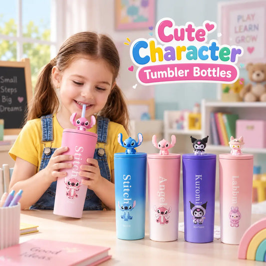 Cute character tumbler bottles for kids in colorful designs with straws
