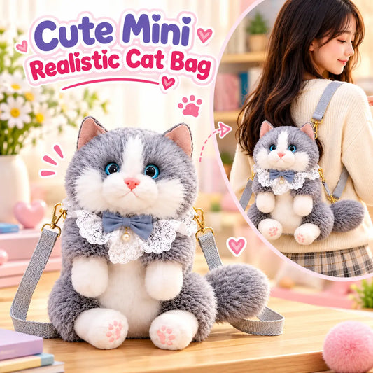 Cute realistic plush cat shoulder bag with soft fur and adjustable strap for kids