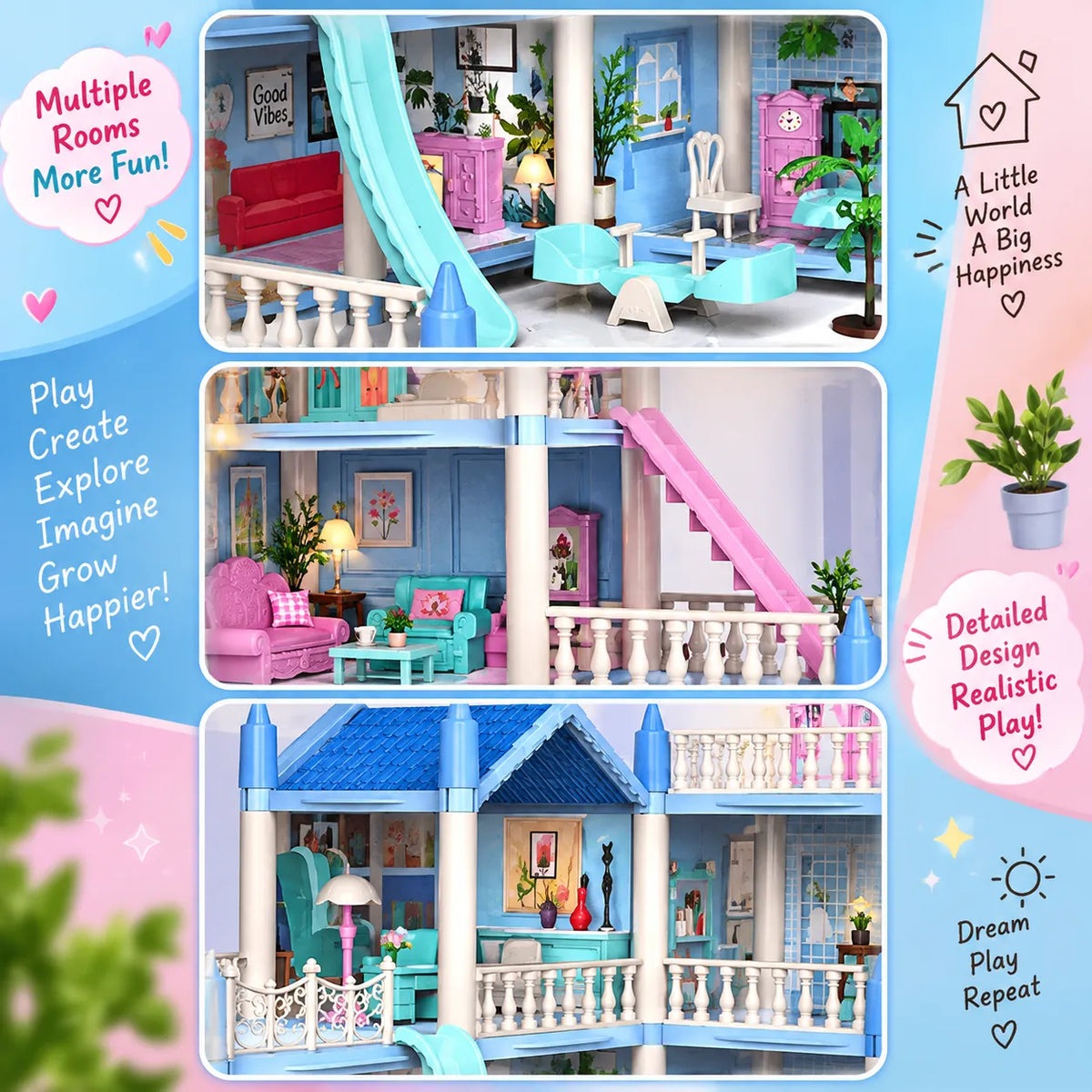 DIY blue doll house villa set for kids with multiple levels, rooms, balconies, slide and miniature accessories