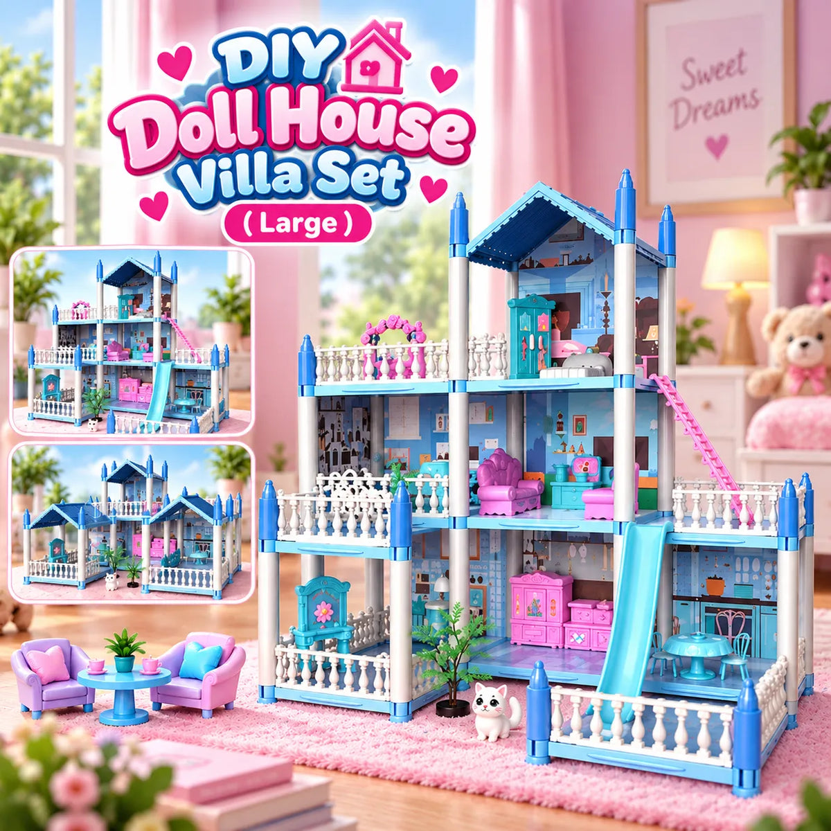 DIY blue doll house villa set for kids with multiple levels, rooms, balconies, slide and miniature accessories