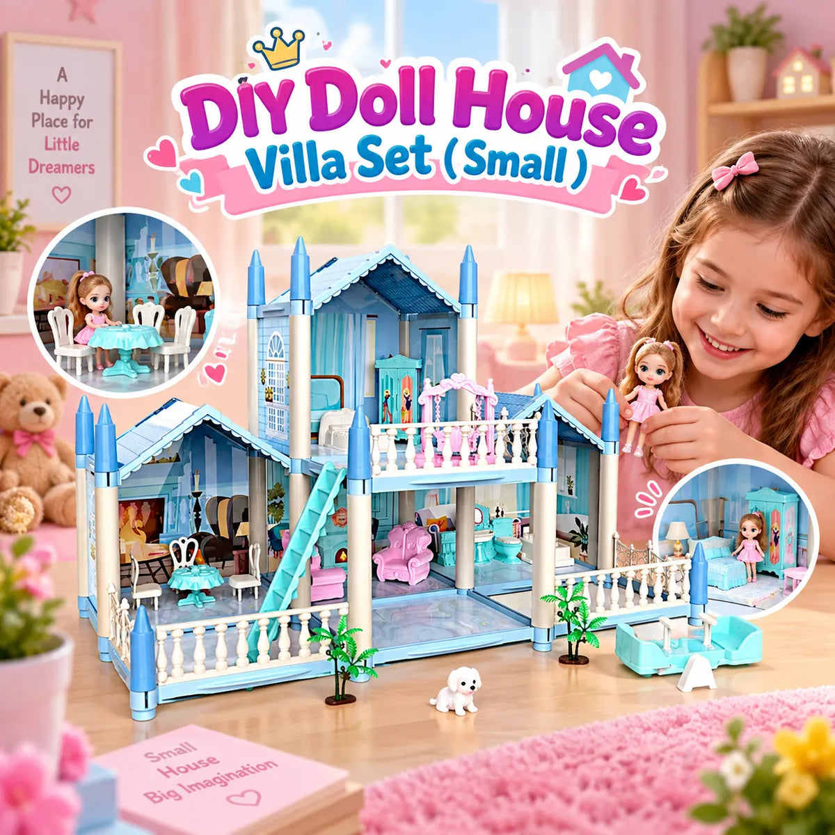 DIY blue doll house villa set for kids with multiple levels, rooms, balconies, slide and miniature accessories