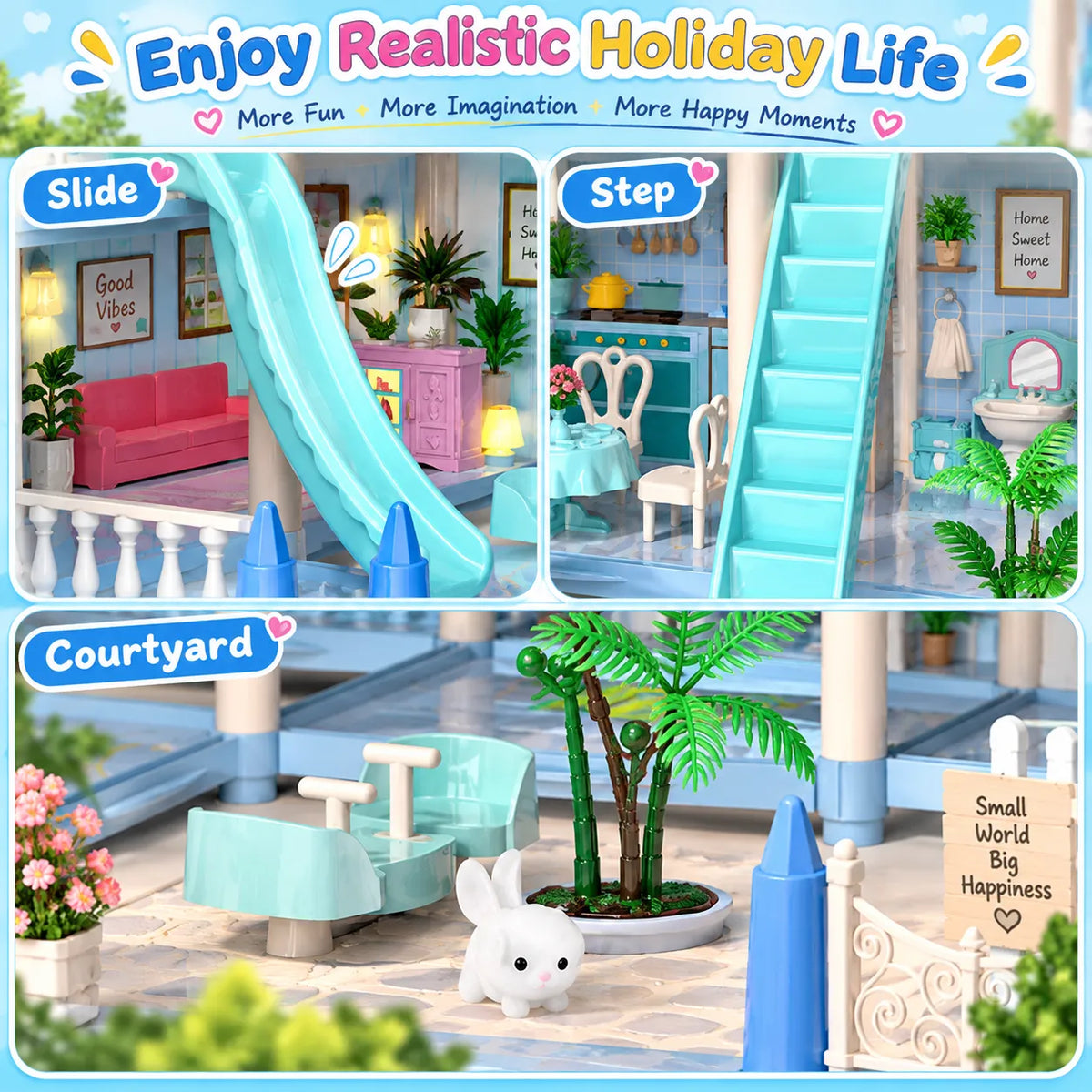 DIY blue doll house villa set for kids with multiple levels, rooms, balconies, slide and miniature accessories
