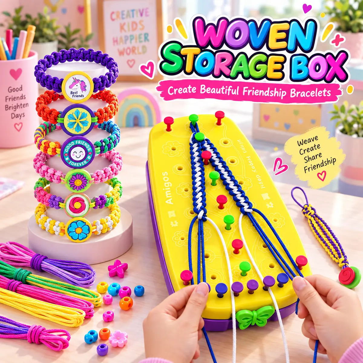 DIY friendship bracelet kit for kids with 144 colorful beads, threads and bracelet-making accessories