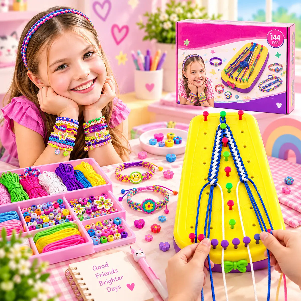 DIY friendship bracelet kit for kids with 144 colorful beads, threads and bracelet-making accessories