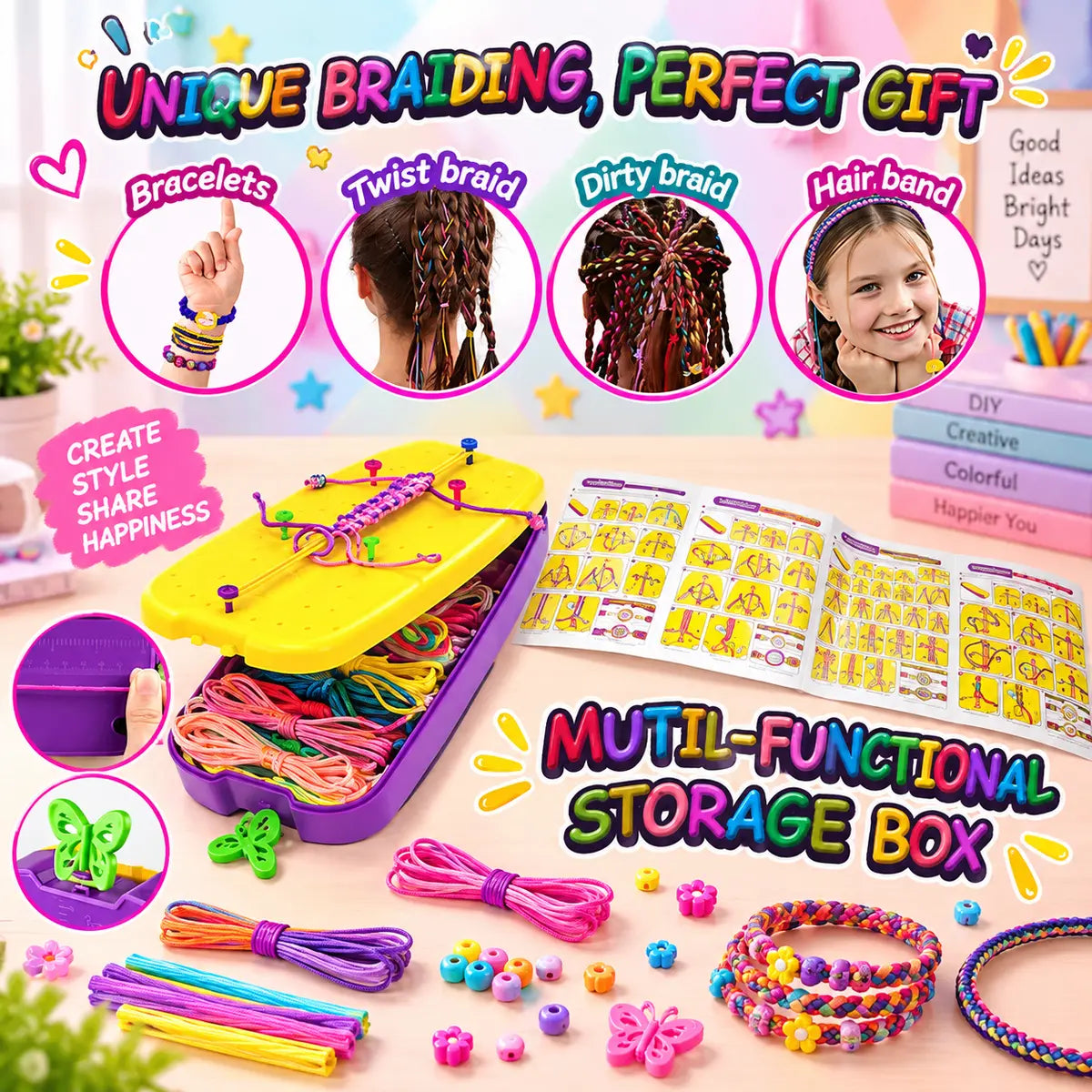 DIY friendship bracelet kit for kids with 144 colorful beads, threads and bracelet-making accessories