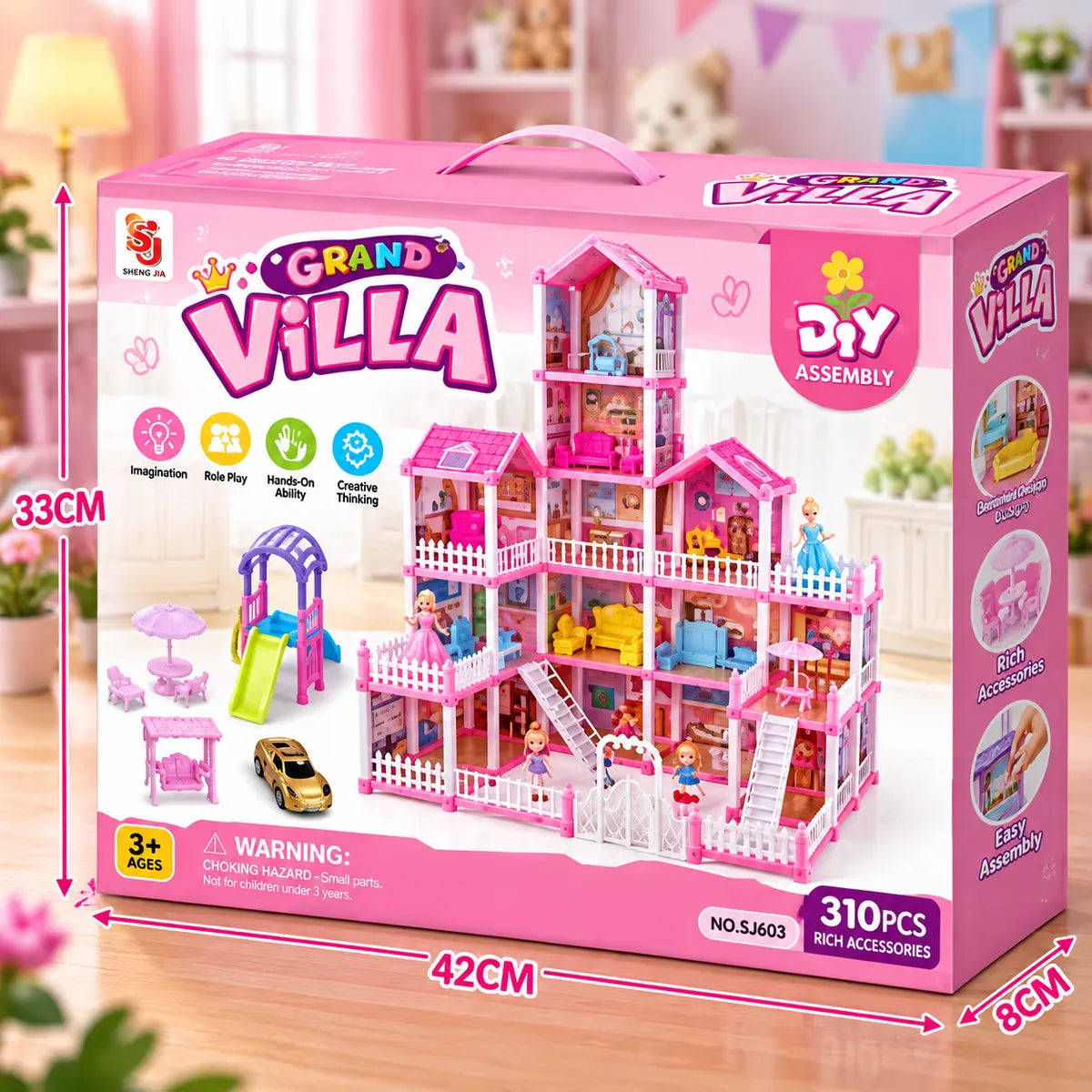 DIY Grand Villa pink doll house playset with multiple rooms, balconies, furniture and accessories for kids