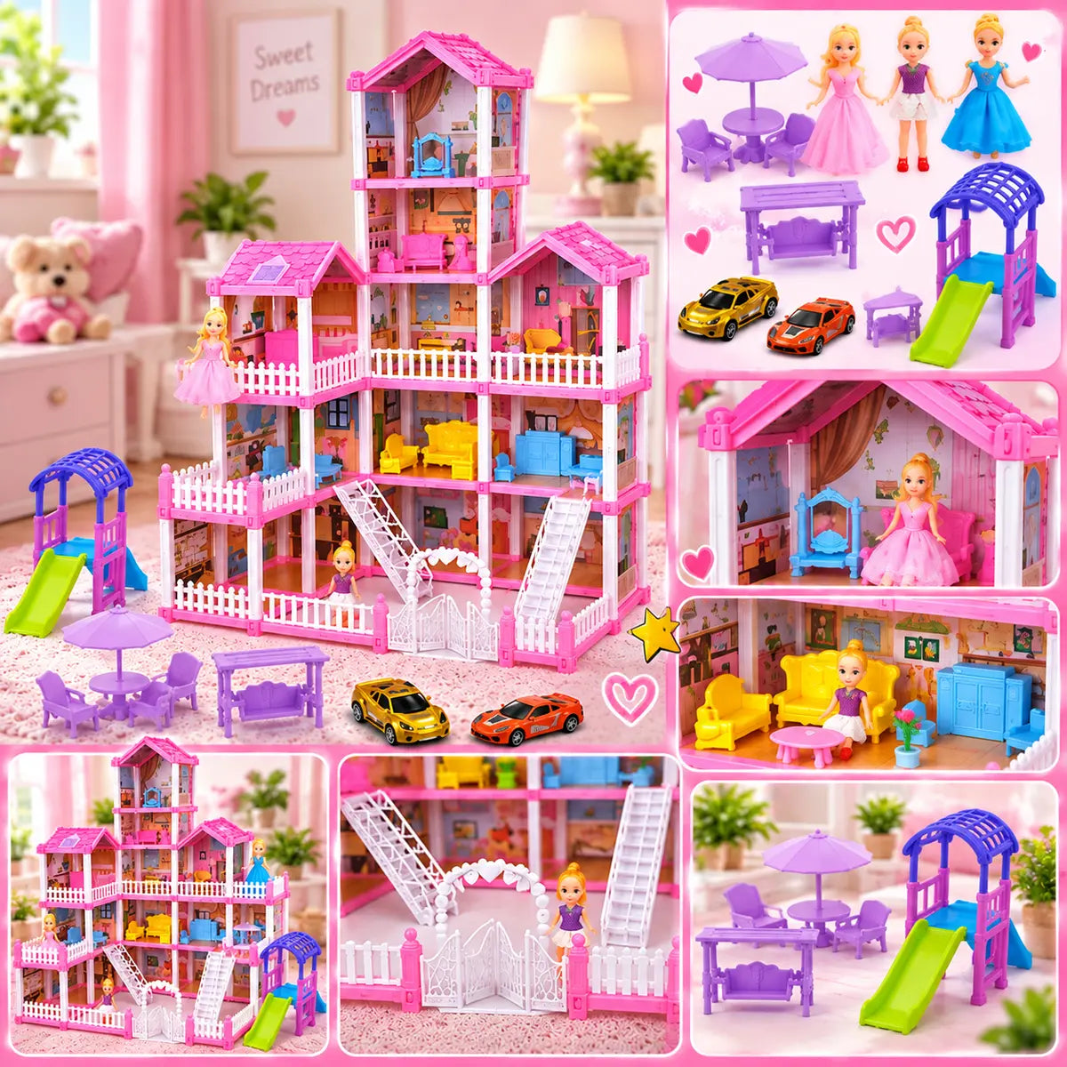 DIY Grand Villa pink doll house playset with multiple rooms, balconies, furniture and accessories for kids