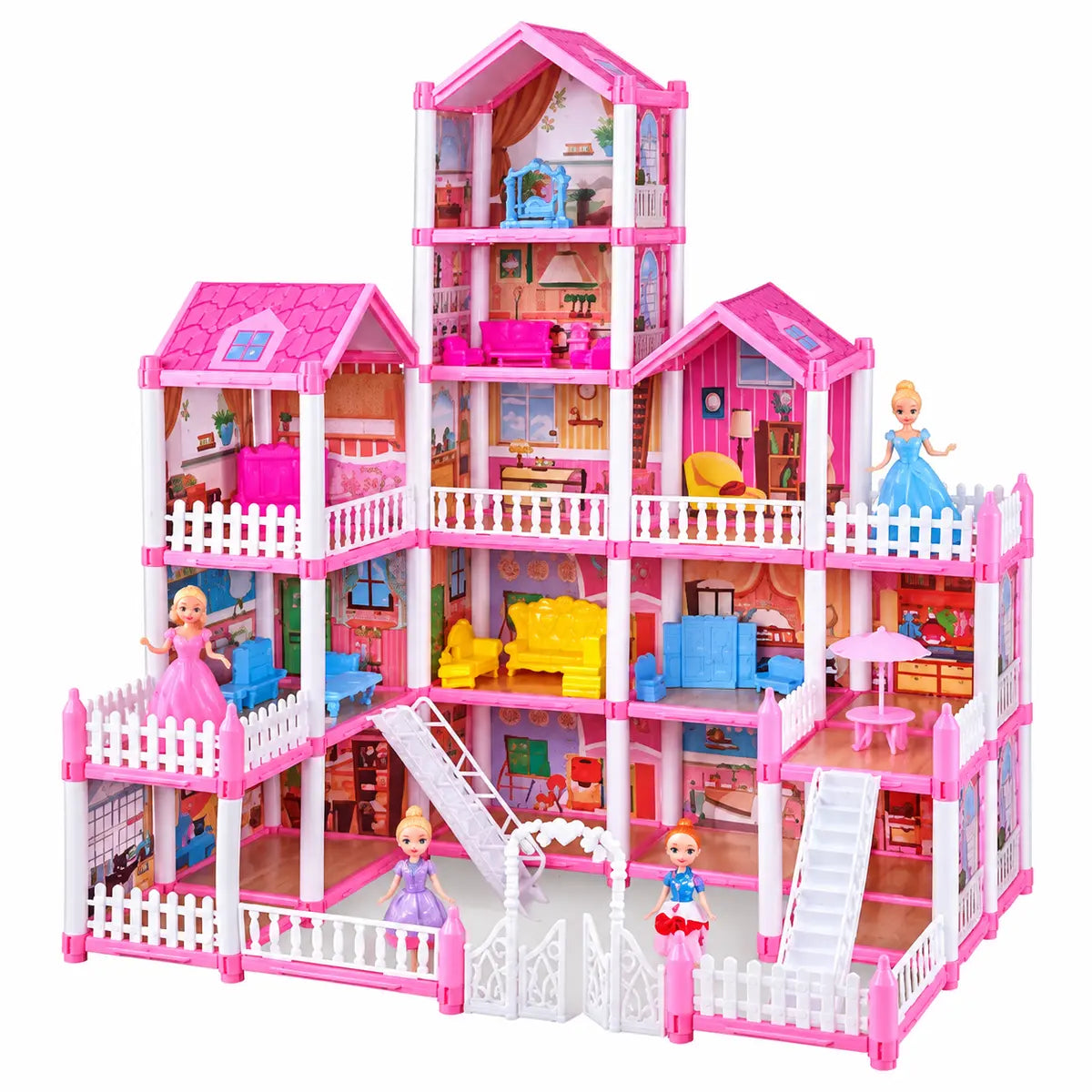 DIY Grand Villa pink doll house playset with multiple rooms, balconies, furniture and accessories for kids