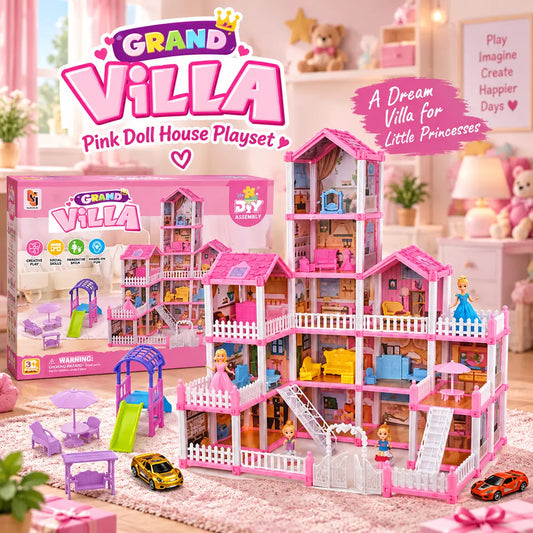 DIY Grand Villa pink doll house playset with multiple rooms, balconies, furniture and accessories for kids