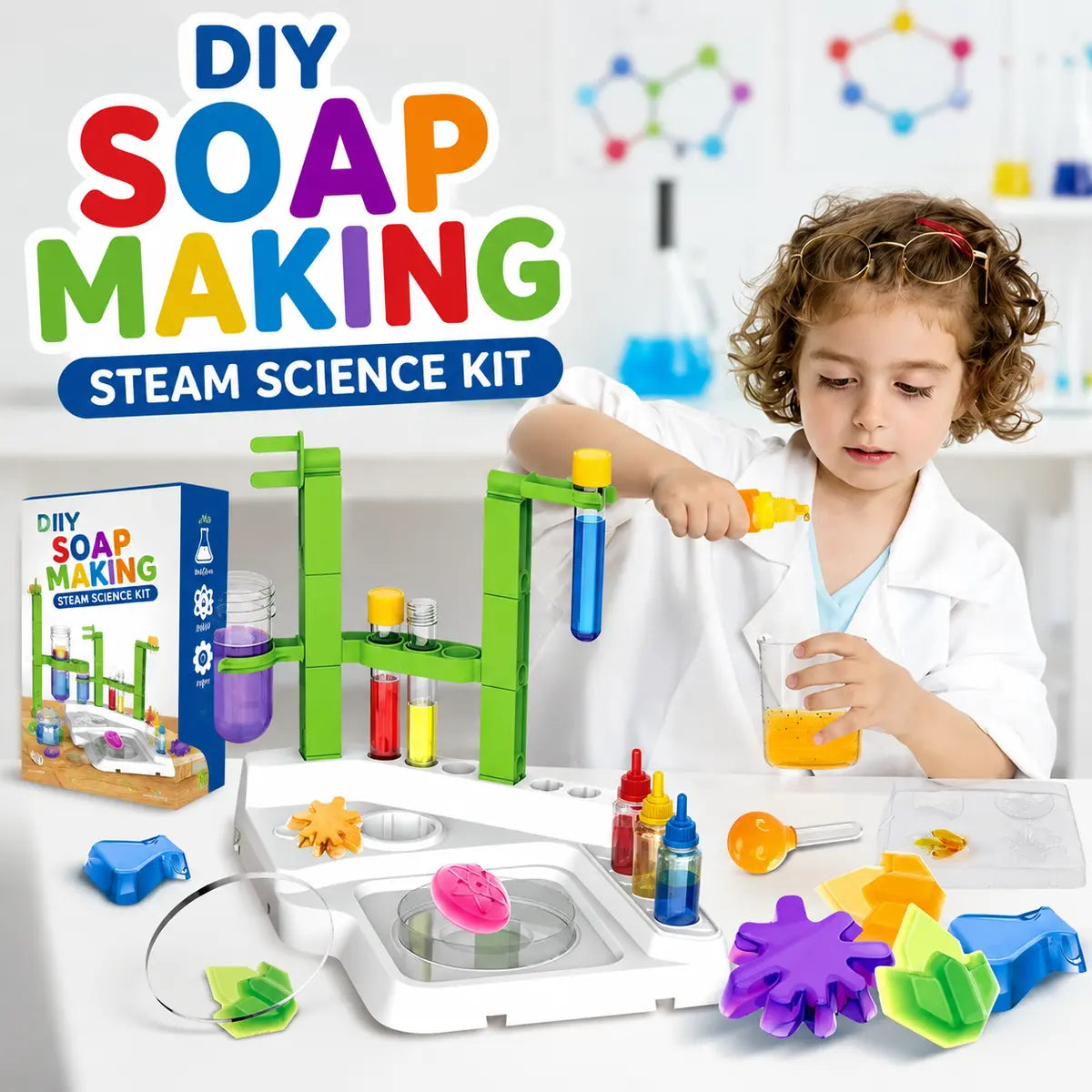 DIY soap making STEAM science kit for kids with colorful soap molds and experiment accessories