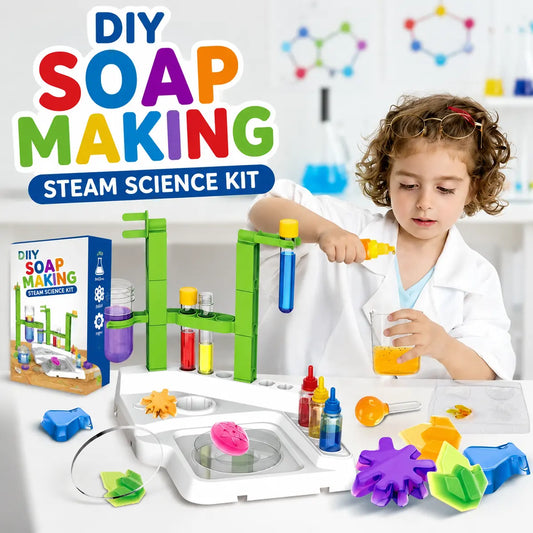 DIY soap making STEAM science kit for kids with colorful soap molds and experiment accessories