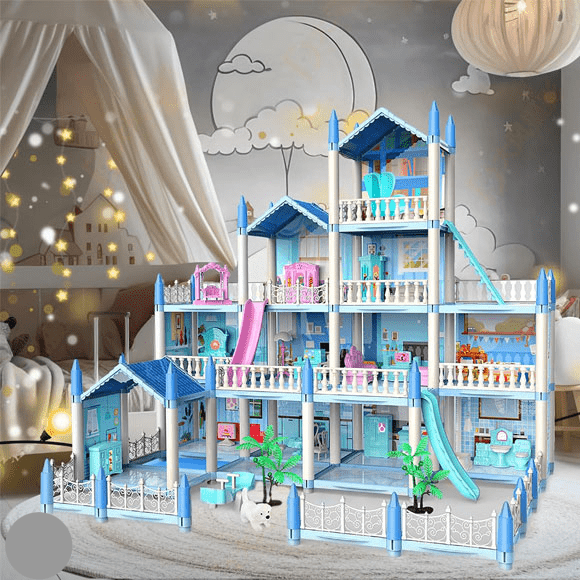 DIY blue doll house villa set for kids with multiple levels, rooms, balconies, slide and miniature accessories