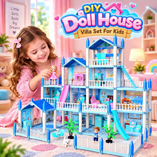 DIY Doll House Villa Set For Kids - Blue - Toynix