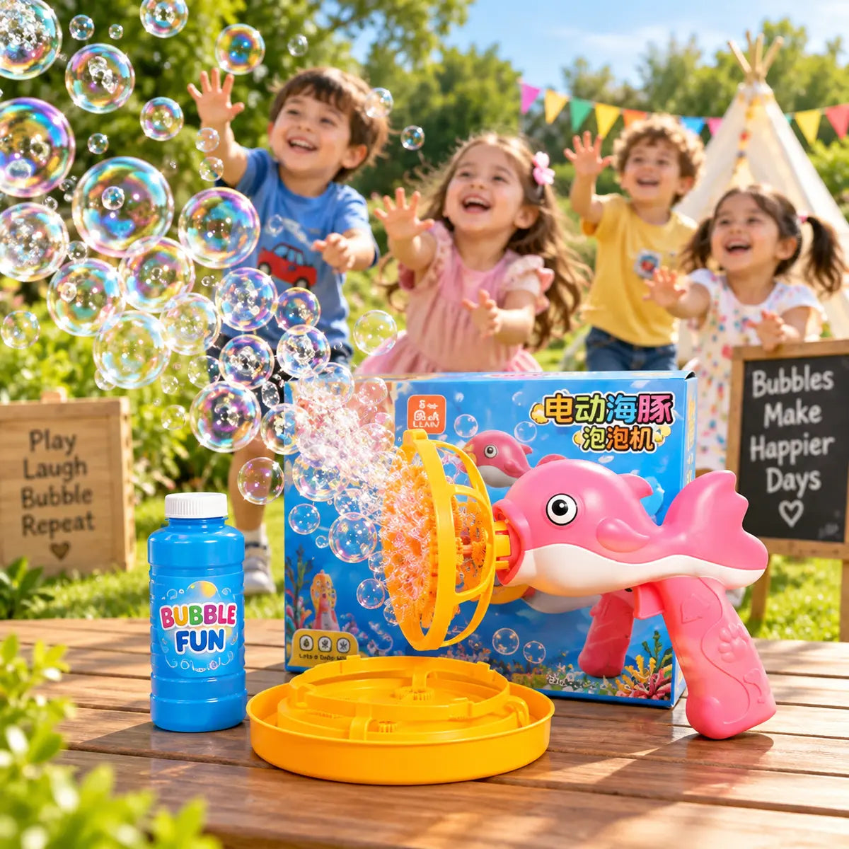 Dolphin bubble gun machine toy for kids with refill bubble solution