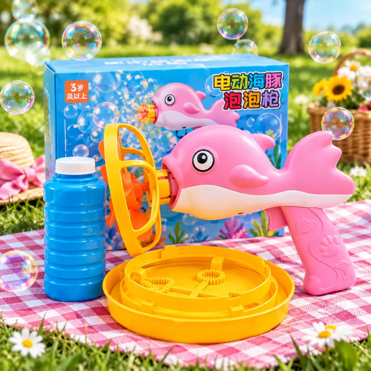 Dolphin bubble gun machine toy for kids with refill bubble solution