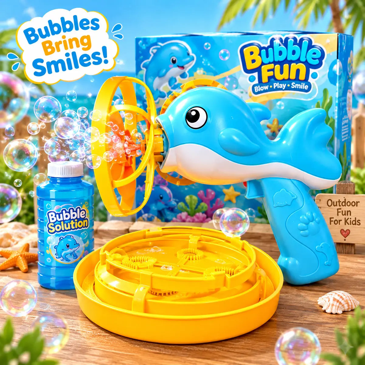 Dolphin bubble gun machine toy for kids with refill bubble solution