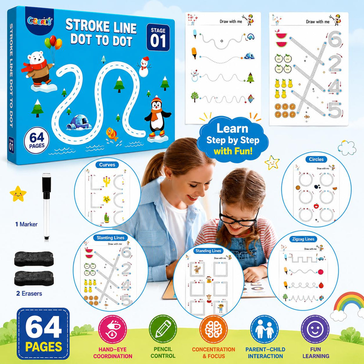 Stroke Line: Dot to dot Drawing & Writing Practice Book 64 Pages (555-2)
