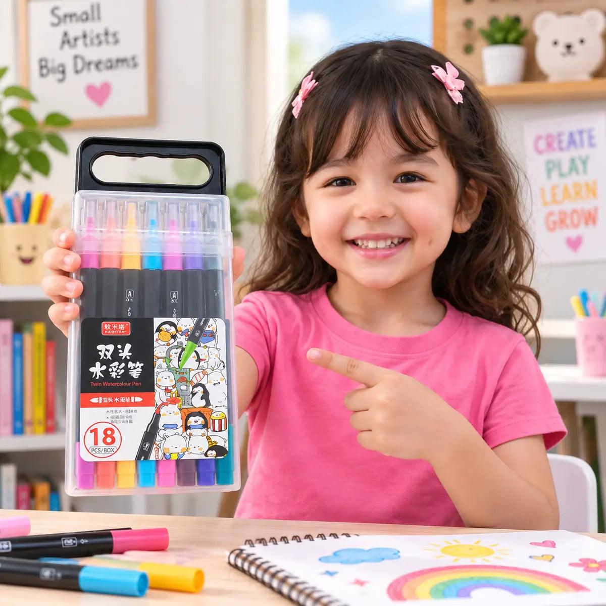 18-piece double-headed watercolor markers with brush and fine tips for kids
