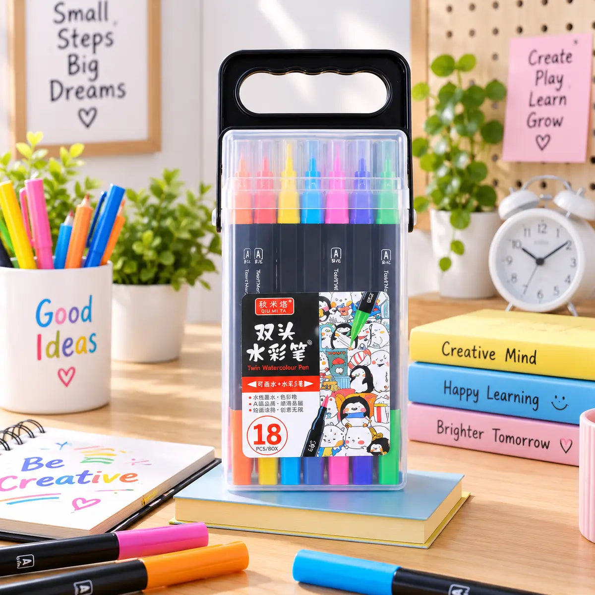 18-piece double-headed watercolor markers with brush and fine tips for kids