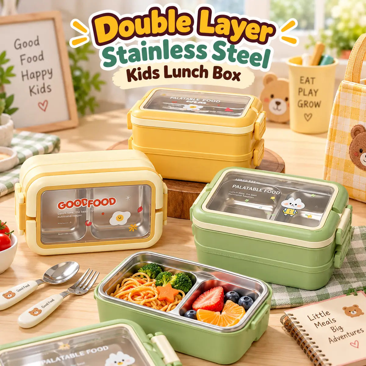 Double Layer Stainless Steel Kids Lunch Box - Toynix.pk