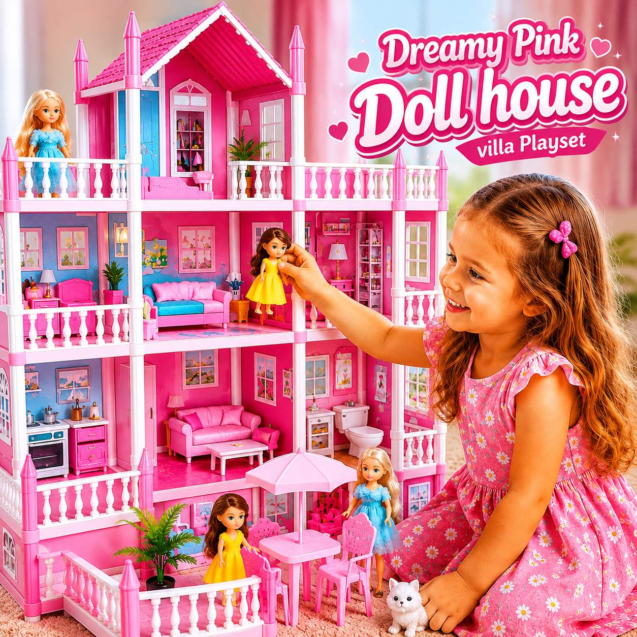 DIY Dreamy Pink Dollhouse Villa Multi Story Playset for Kids