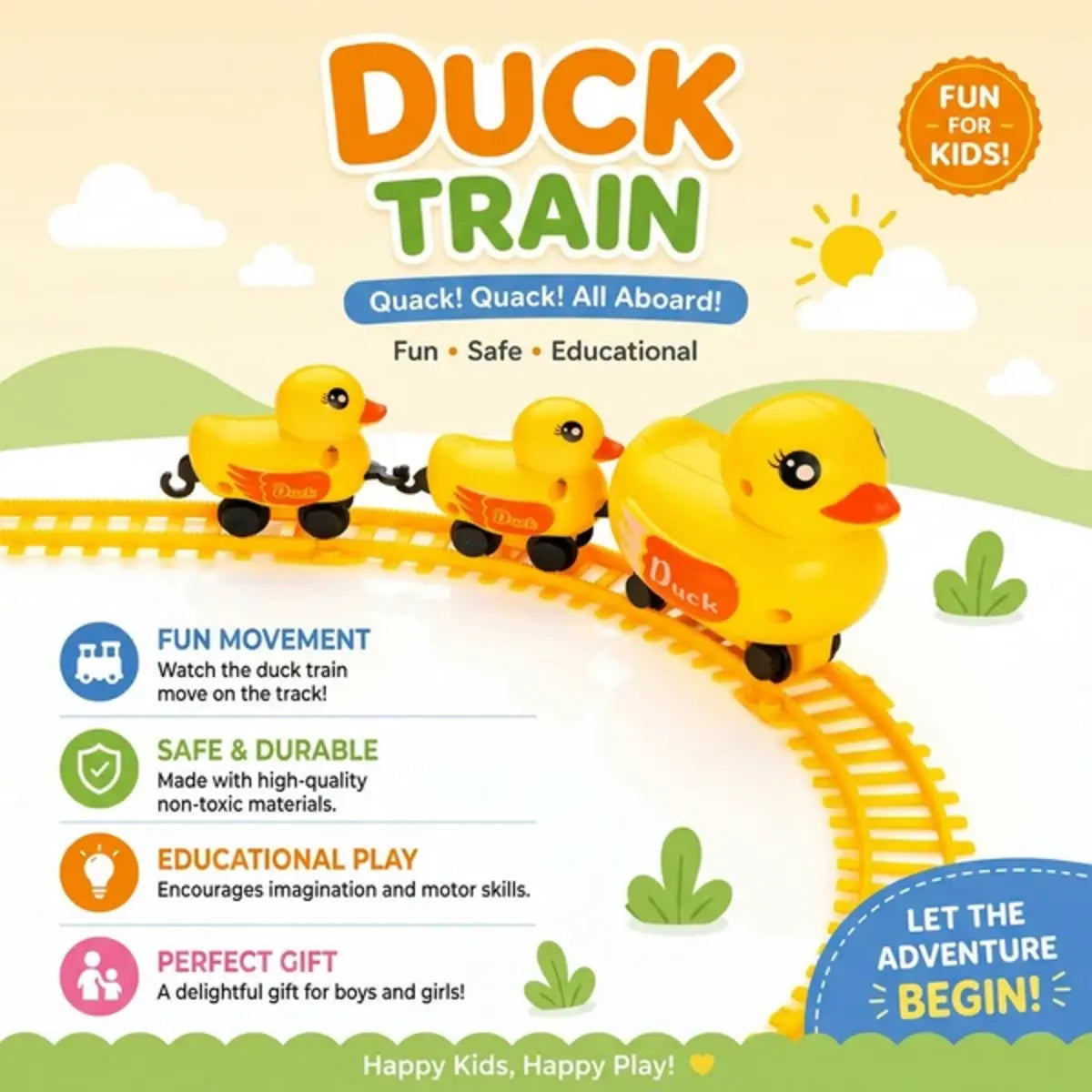 Duck Electric Rail Train Toy with Yellow Track and Duck Carriages for Kids