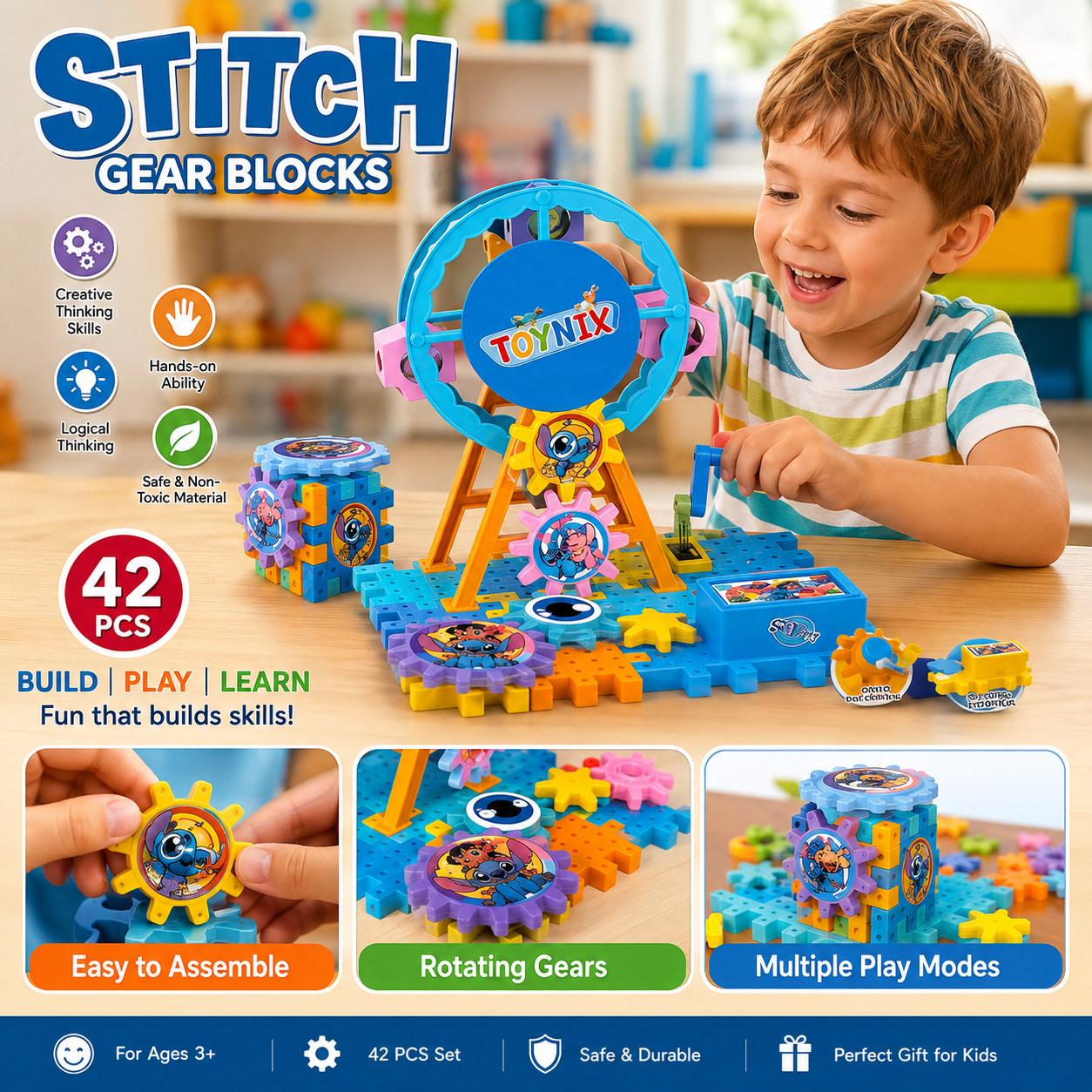 Electric Gear Building Blocks 42 Pcs Educational Construction Toy for Kids
