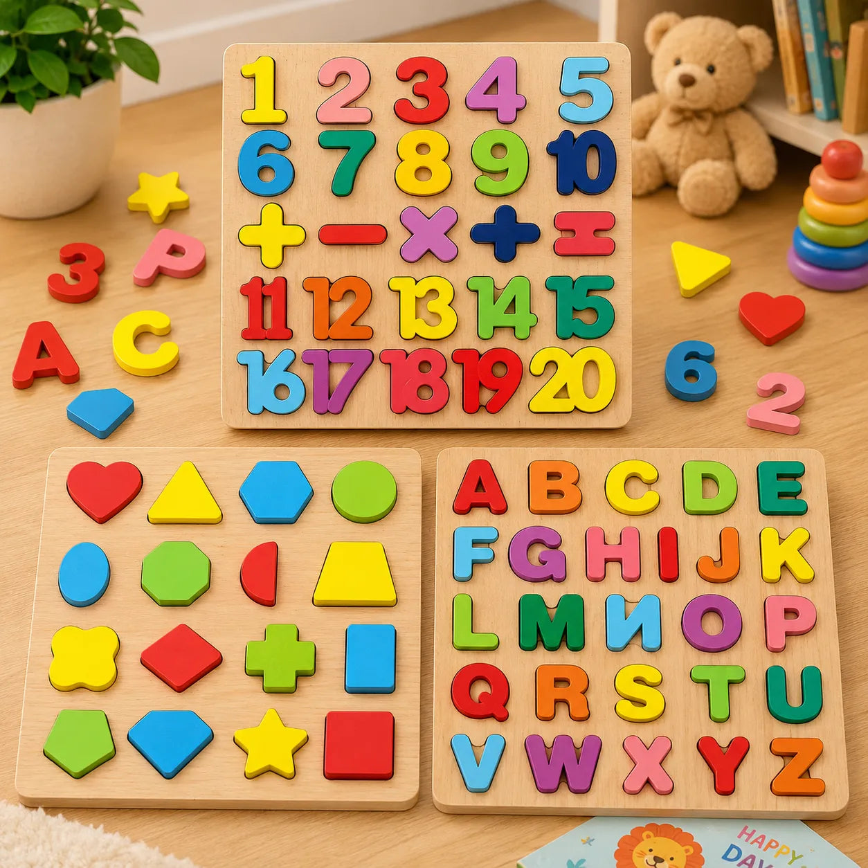 Early Educational wooden Colorful- 3D  Numbers Shapes and Alphabets