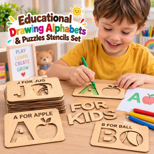 Educational wooden alphabet drawing and puzzle stencil set for kids with letter tracing pieces