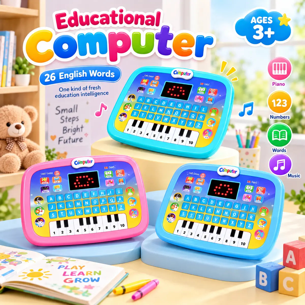 Educational learning laptop toy for kids with alphabet, number and interactive activity buttons