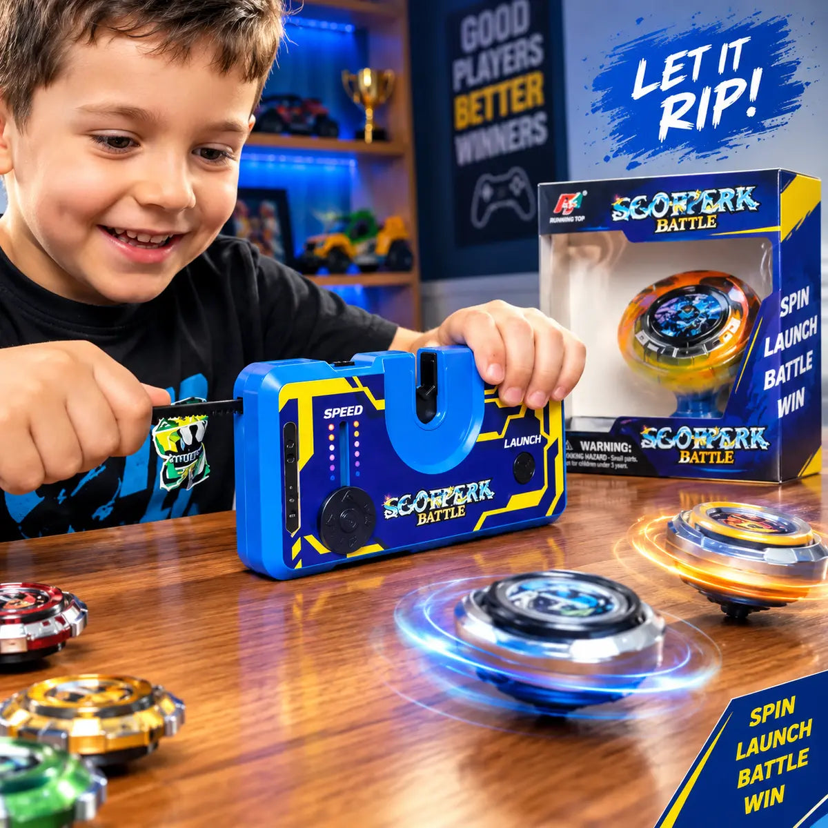 Electronic Beyblade launcher toy with spinning top for kids